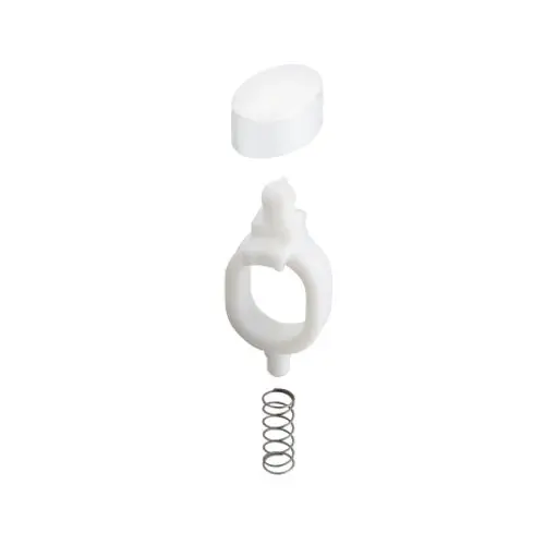 Weißer Druckknopf mit Feder und Oberteil, geeignet für Hansgrohe Produkte. Teile sind separat angeordnet und zeigen die Montagekomponenten.